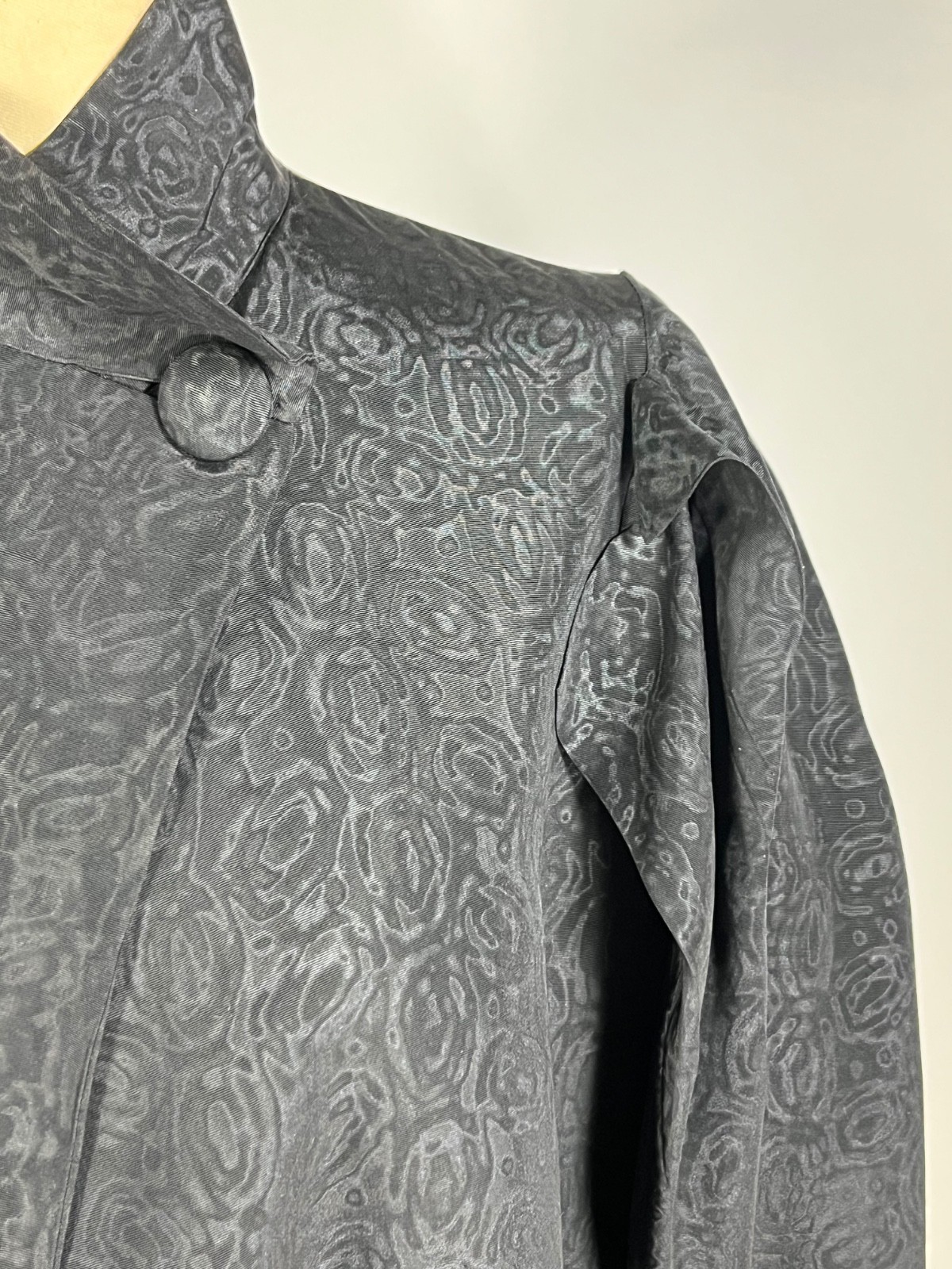 Vintage 1930&rsquo;s black double-faced MOIRE SILK opera coat w/unique shoulder design