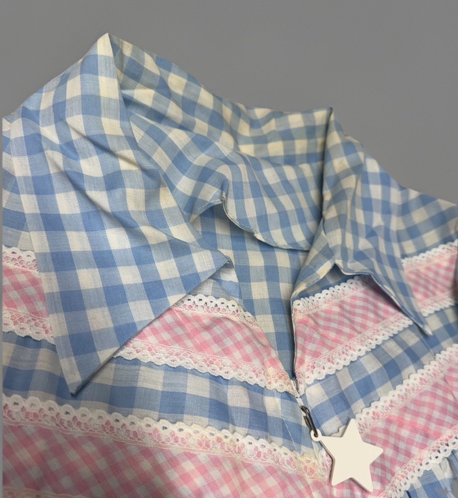 VTG 70s Gingham House Dress Duster Blue Pink Star Zipper Lace Trim Pockets Sz L