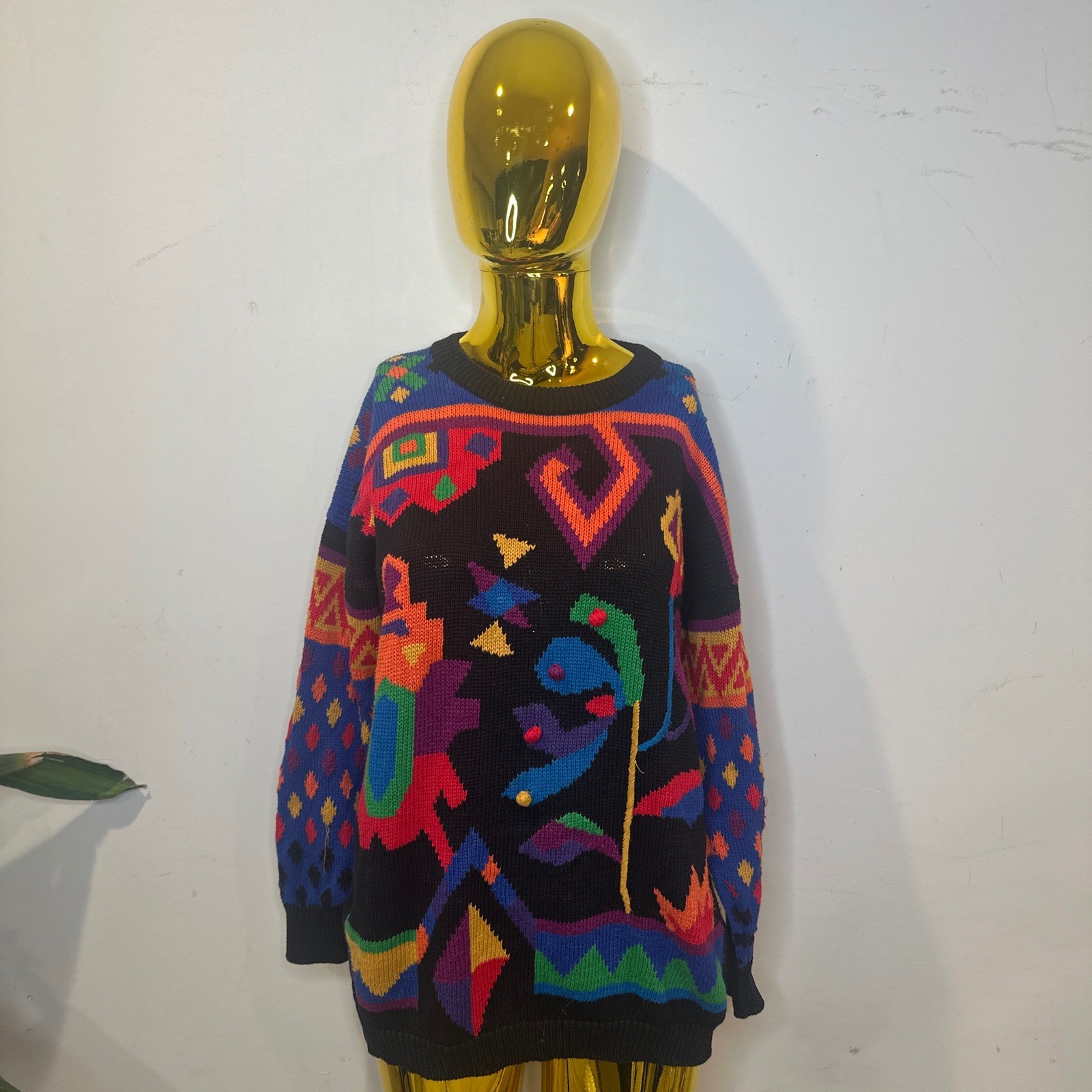 Vintage Rafaella Petites Abstract Geometric Floral Knit Sweater Small Black Art