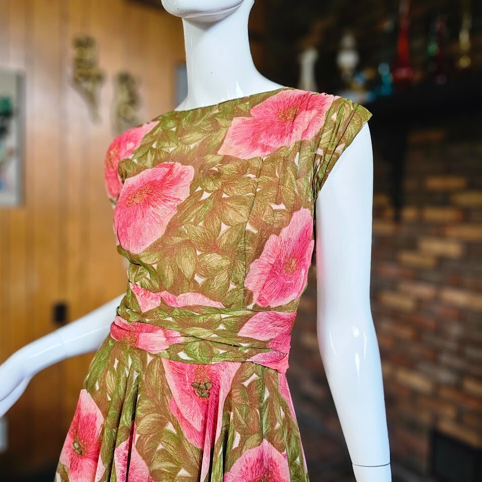 Vtg 40s Chiffon Pink & Green Impressionist Floral Full Swing Skirt w/ Bolero M