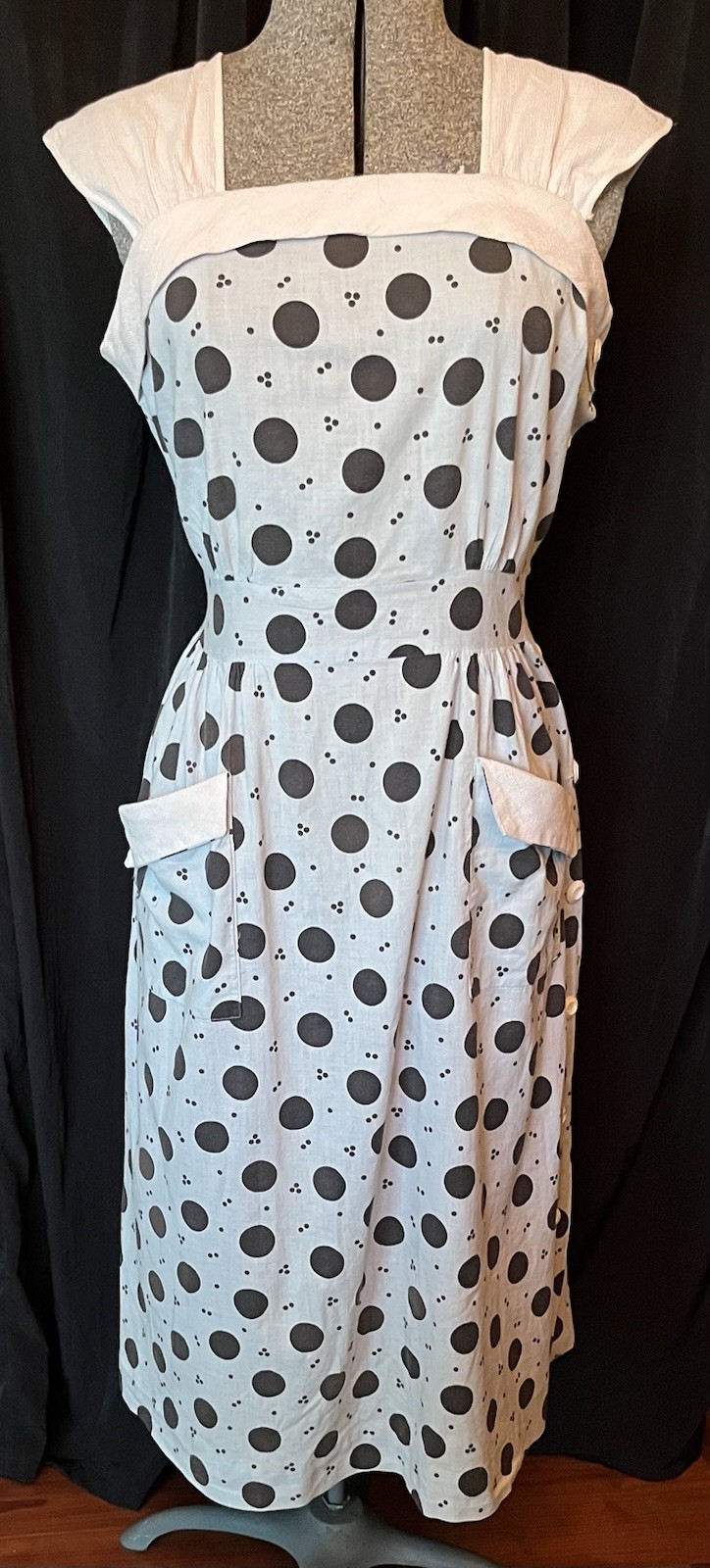 Vintage 1950s Black Pale Blue Polka Dot Sundress Side Buttons Cotton Rockabilly
