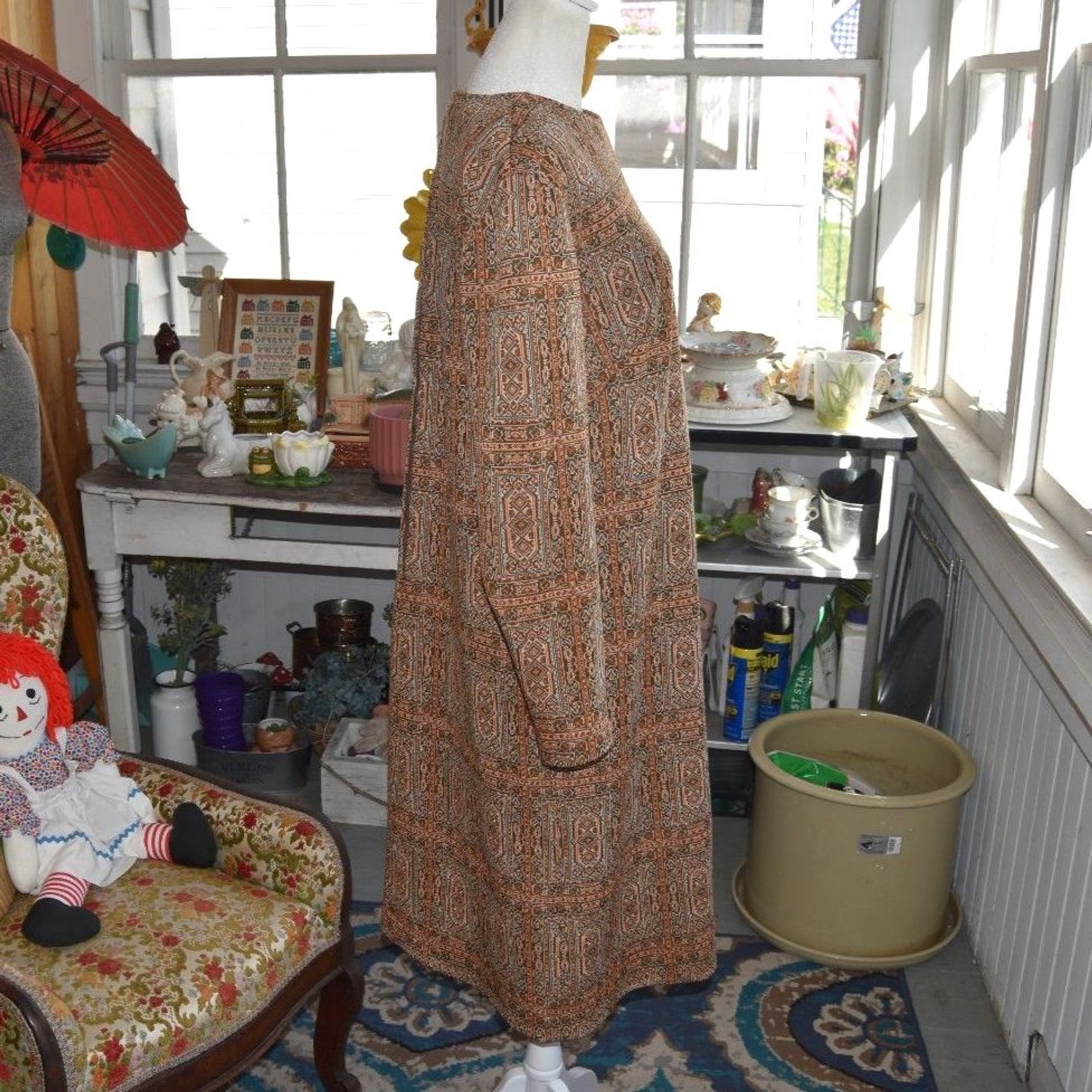 Vintage 60s 70s Mod Geometric Shift Dress Boho Lounge Maxi Large