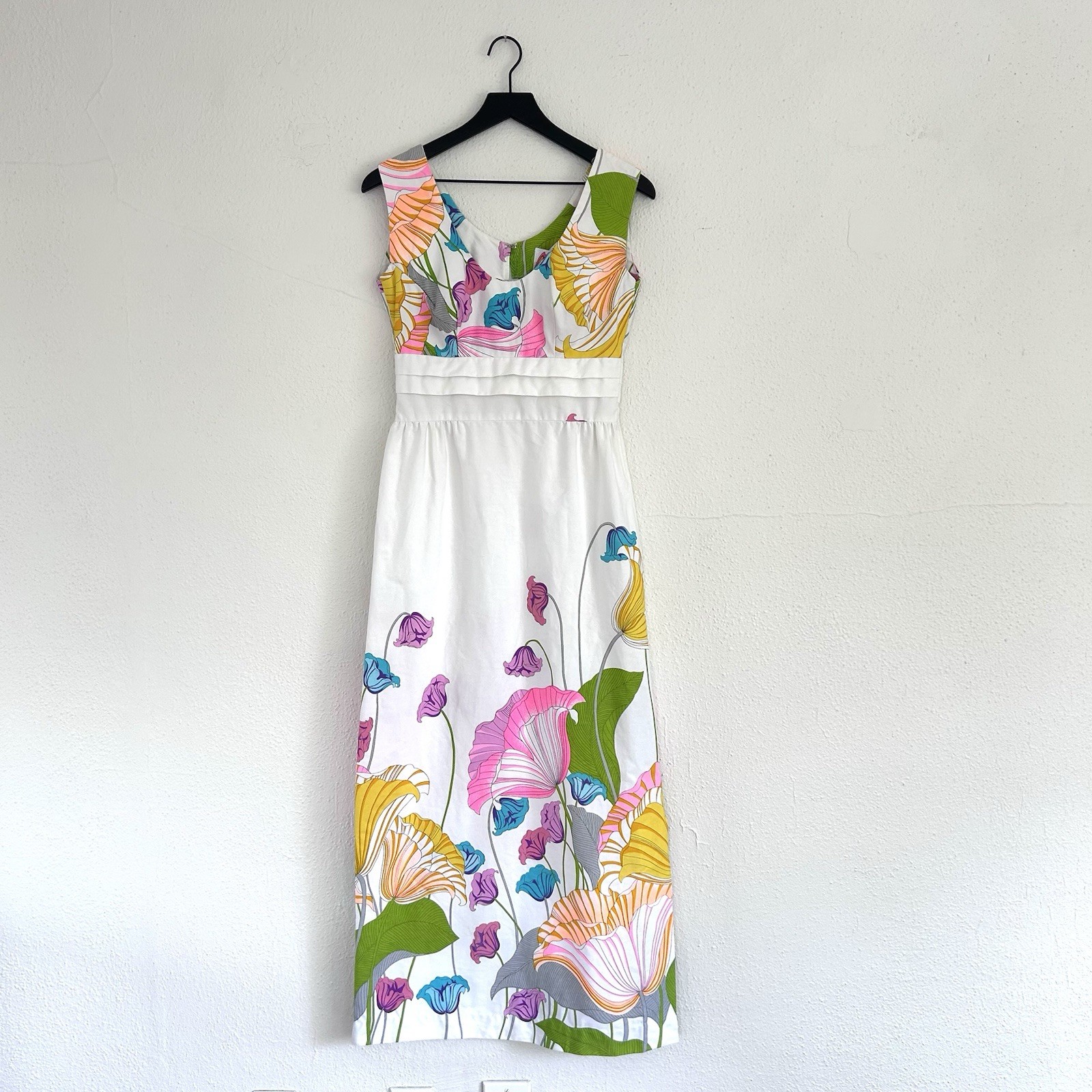 Vintage 60s 70s Malihini designer white floral maxi dress dayglo print
