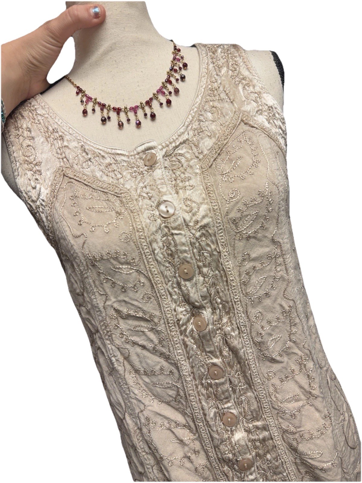 Vtg Boho Embroidered Button Front Tie Back Mini Dress Tan Beige One size Hippy