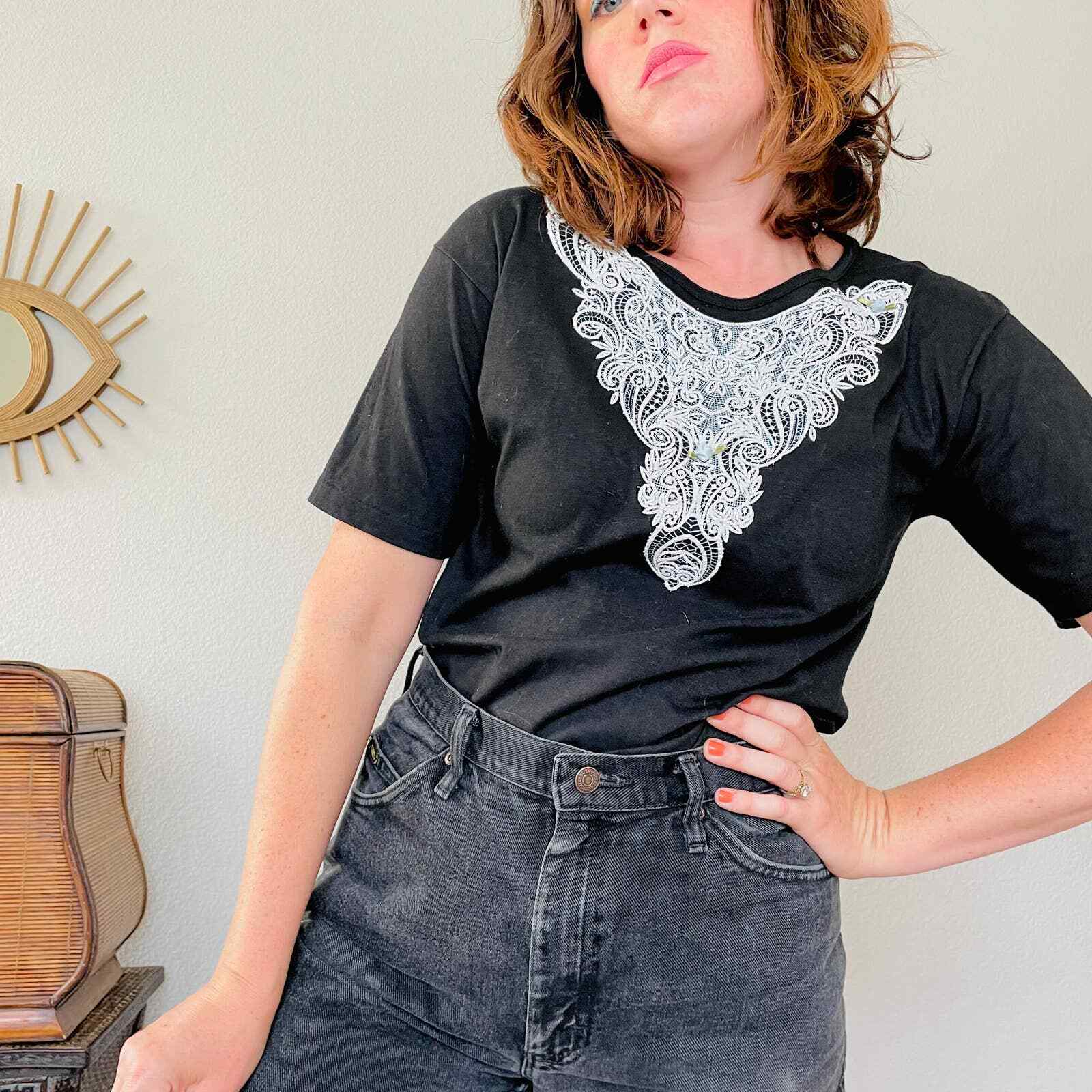 Vintage 90s Sparkle Lace Collar Embellished Black Oneita Power T Sz M