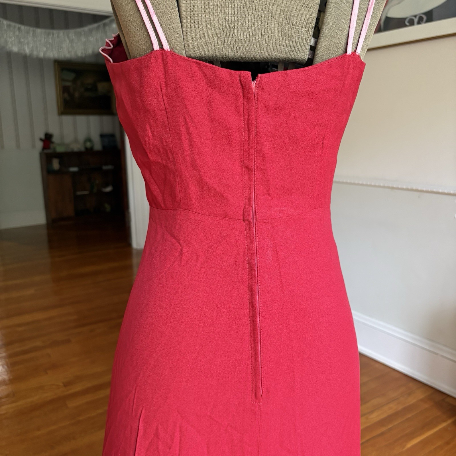 Vintage 1970s Foxy Lady Red Maxi Dress Women’s Ruffled Gown Acetate Nylon Blend