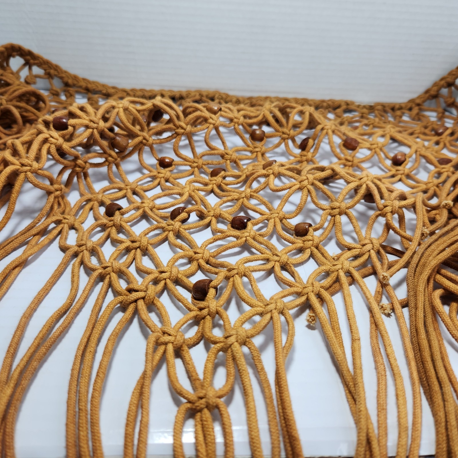 Vintage Boho Macrame Bikini Cover Up Tan Fringe Wood Beads Festival Wear