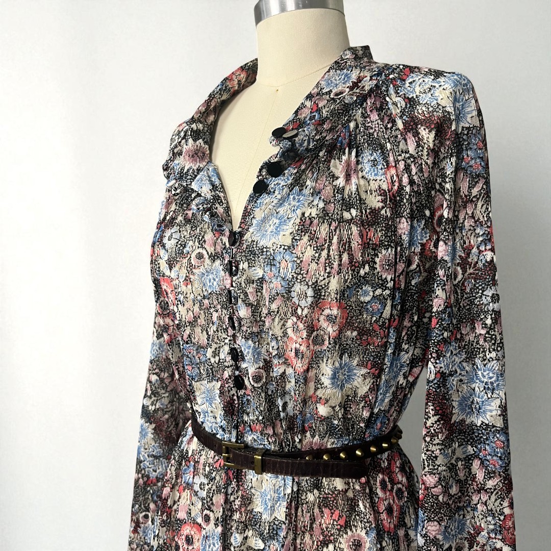 Vintage 70s Boho Long Sleeve Multicolor Floral Print Mesh Midi Dress S/M