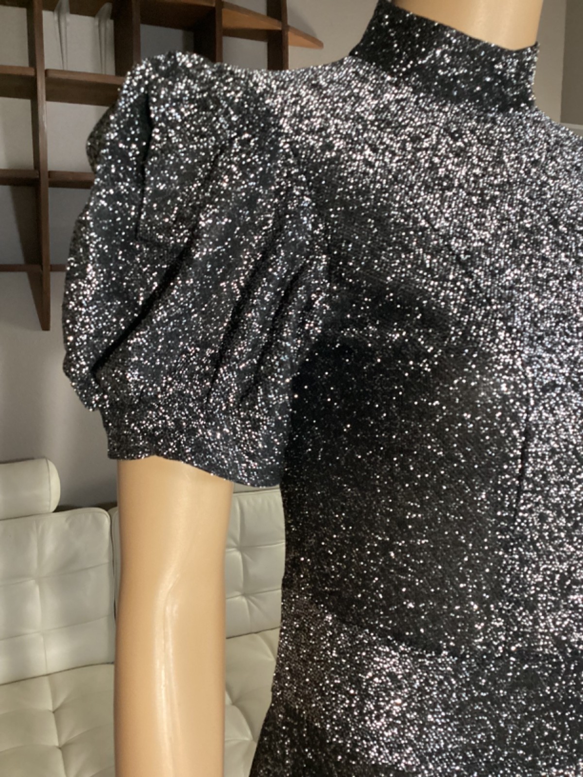 Vintage 70&rsquo;s 80s Silver Metallic Black Disco Body Body Suit Puff Sleeves