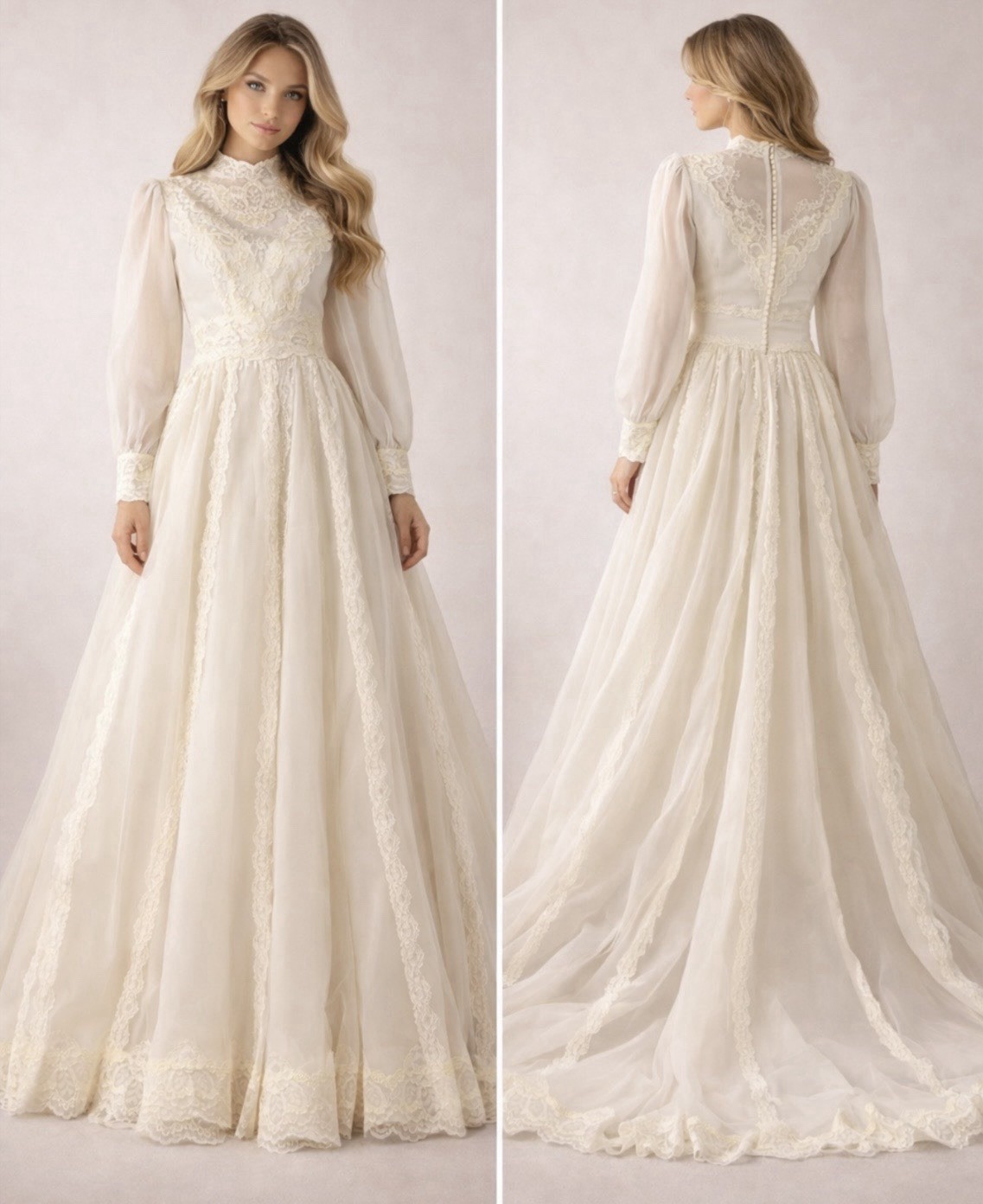 Vintage Alfred Angelo Edythe Vincent 80’sWedding Dress Lace Floral Long Sleeve S