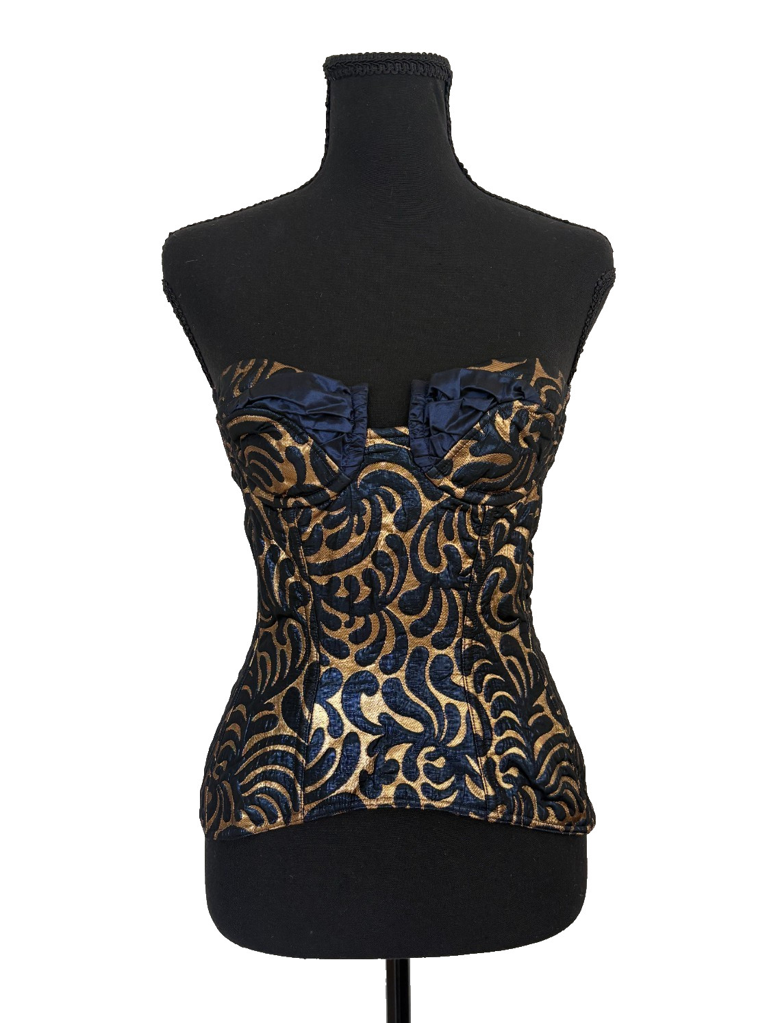 VTG RARE Jeune Europe Navy Gold Brocade Bustier Corset Top Strapless