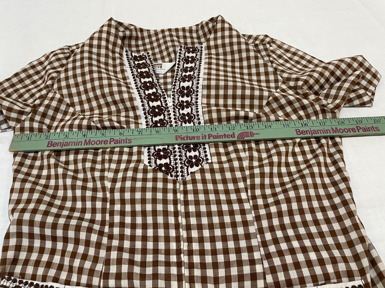 Vintage Brown White Gingham Dress Zip Up Embroidery Rockabilly Granny Core