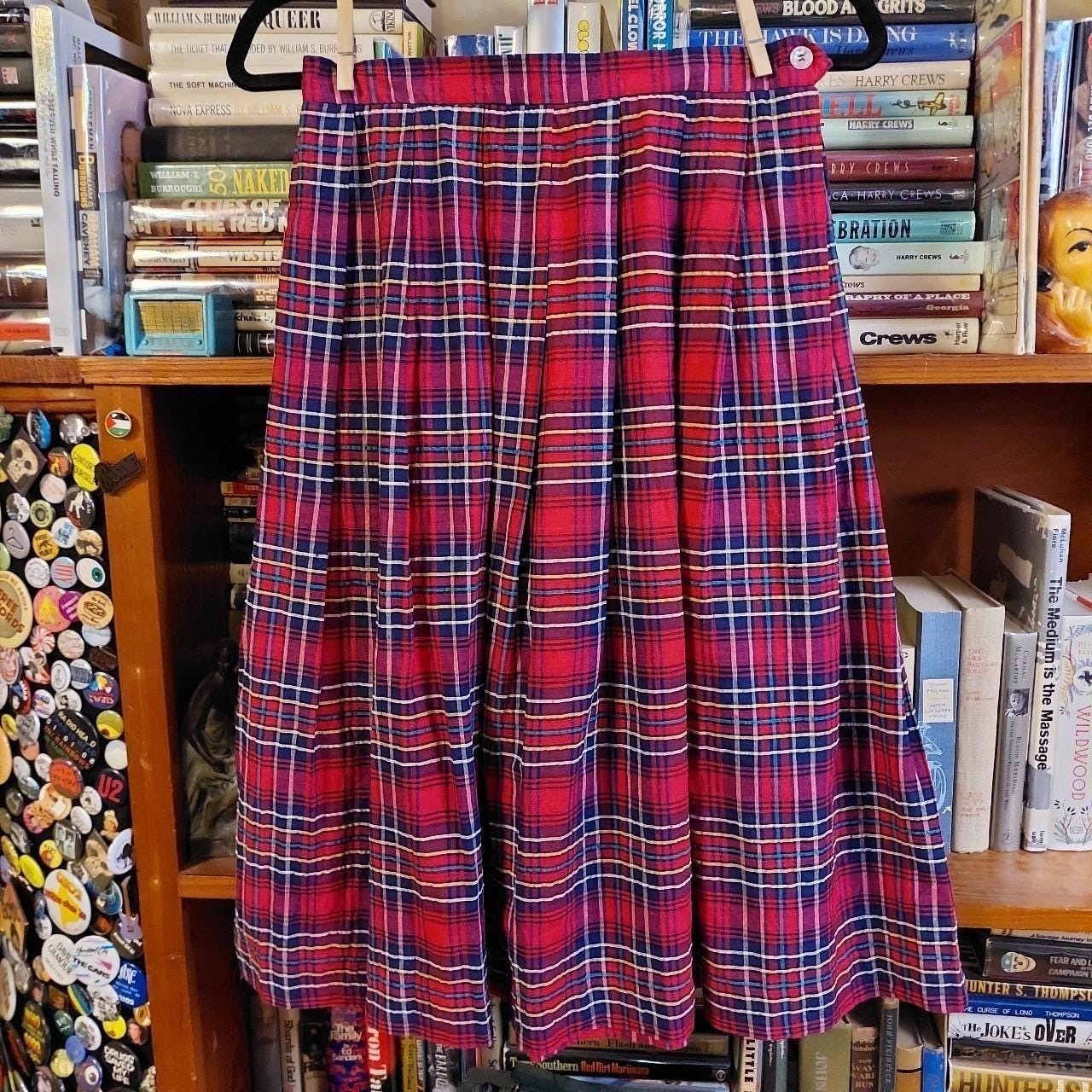 Vintage red, blue, white, yellow, and green plaid midi skirt.