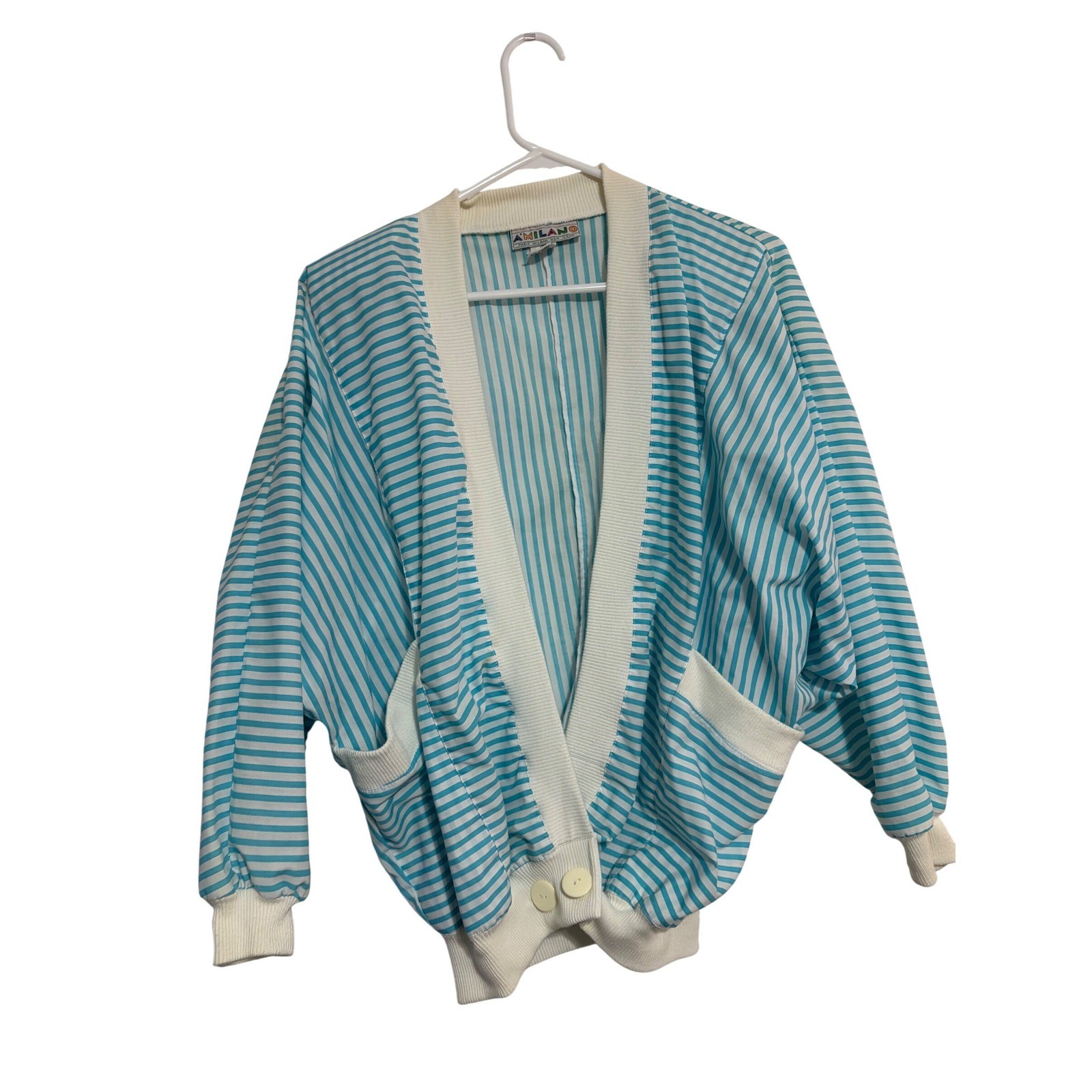 A&rsquo;Milano Cardigan Jacket Vintage 80s 90s Teal White Striped Dolman Sleeve Small