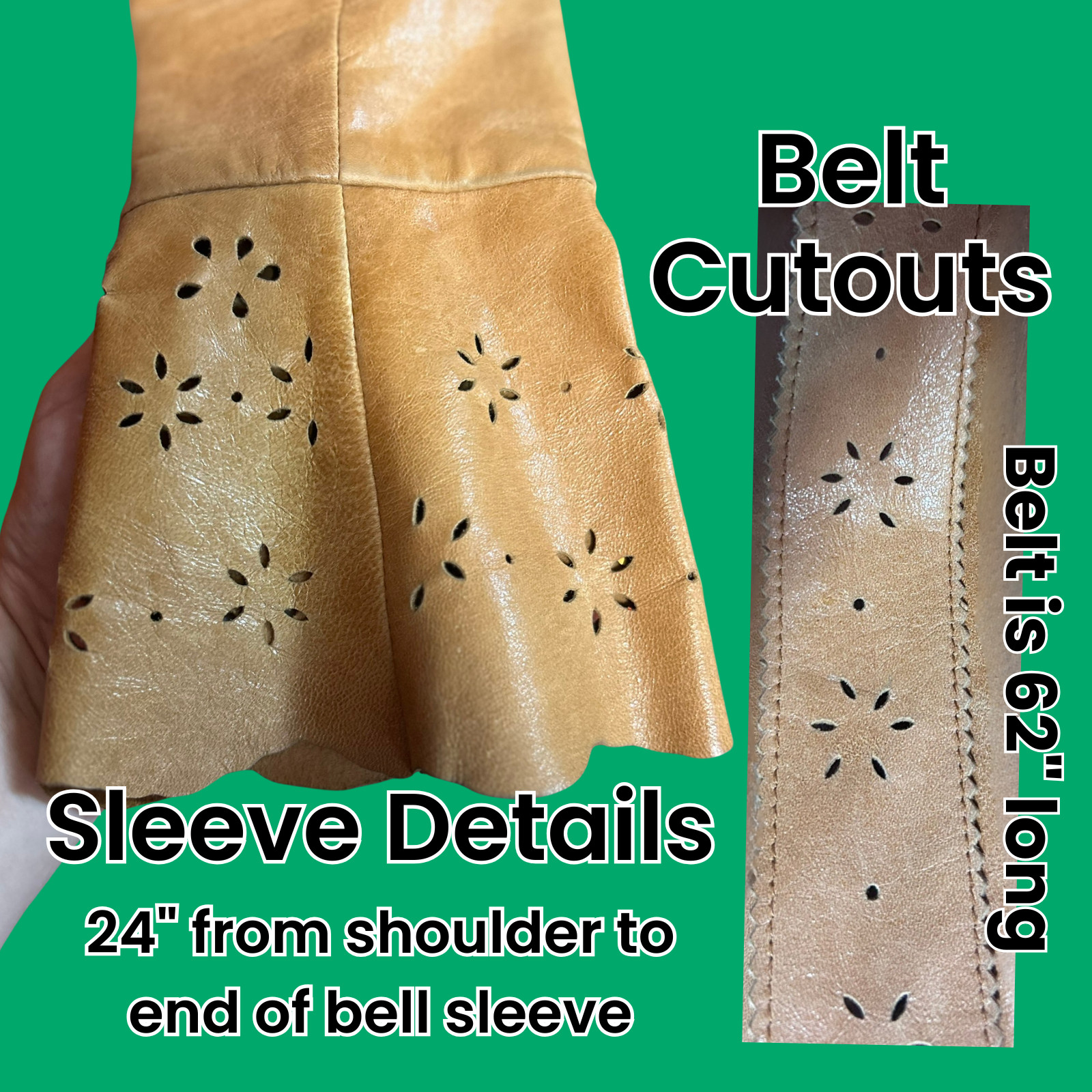 Vintage Leather Jacket Skirt Set Womens S 4 Camel Cutwork Floral Belted