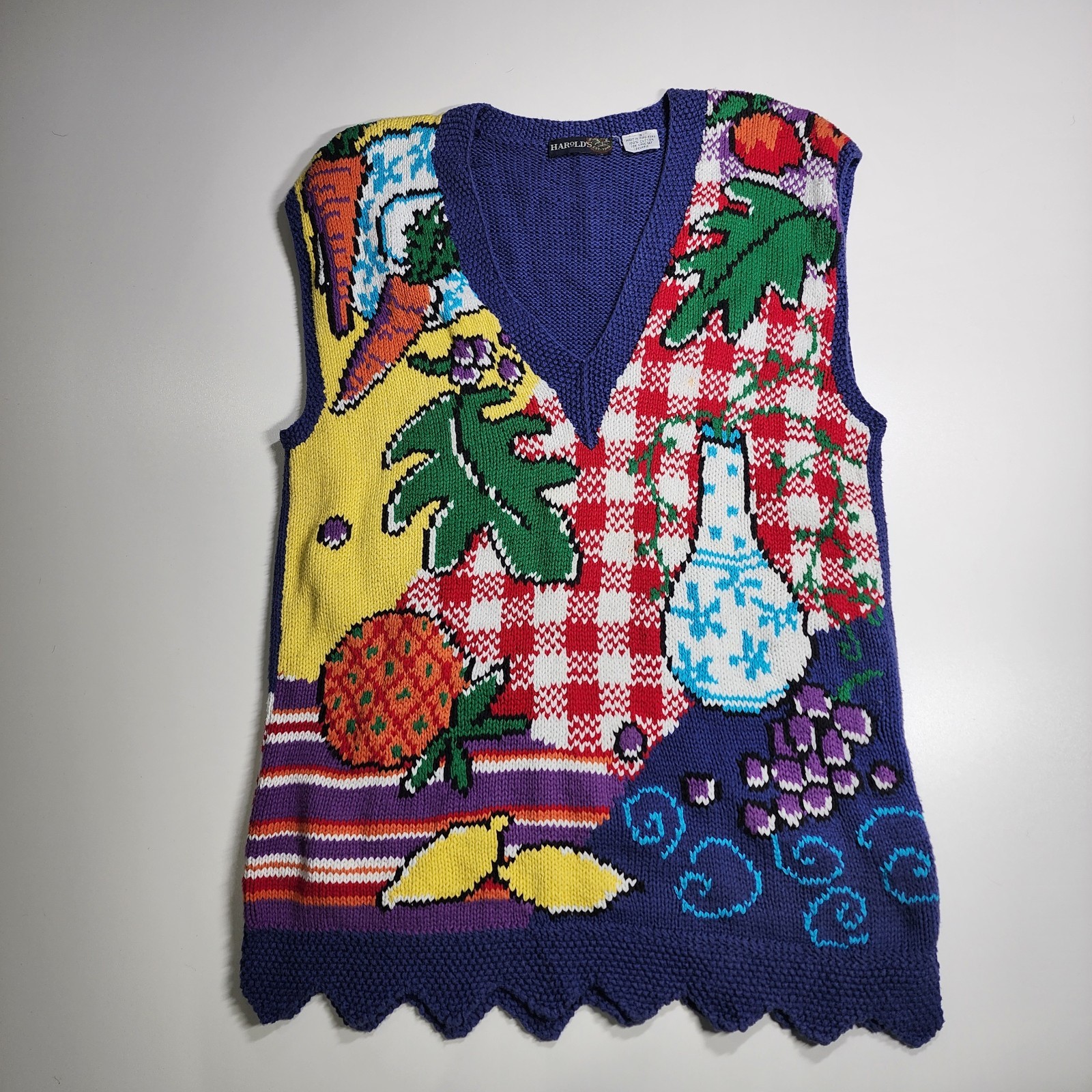 VTG Harold&rsquo;s Fruit Vegetable Gingham Knit Sweater Vest Small 90s Artsy Retro