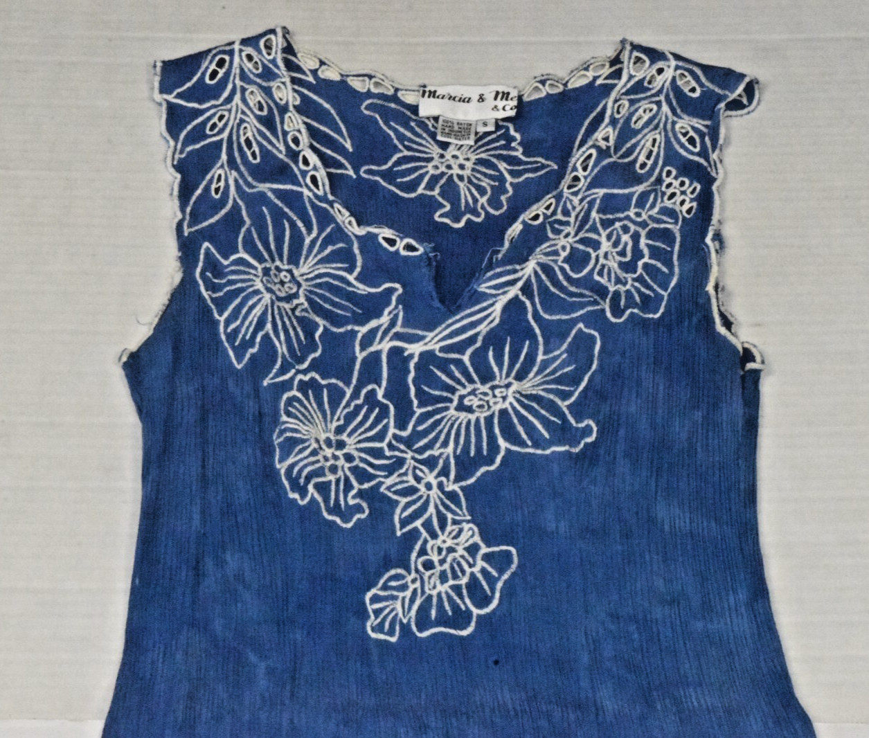 Vintage Dress Marcia and Me Size S 90s Ocean Blue Rayon Crinkle Embroidered Trim