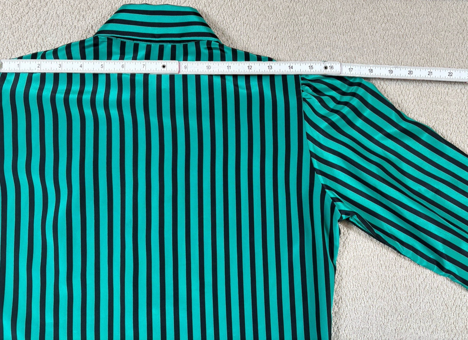 Vintage Pussy Bow Scarf Blouse Button Up Women&rsquo;s 8 Striped Green Made In USA