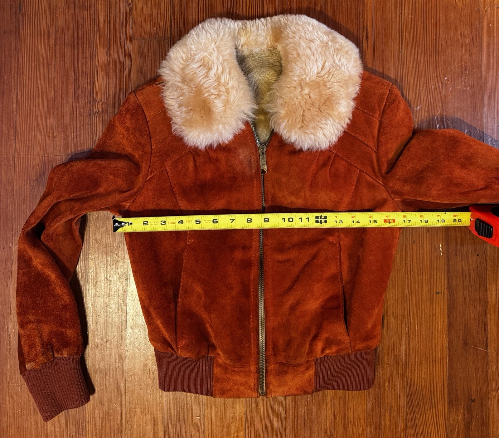 Vintage 70s Rust Suede Bomber Jacket Uruguay Wool Collar Womens XS/S Cropped