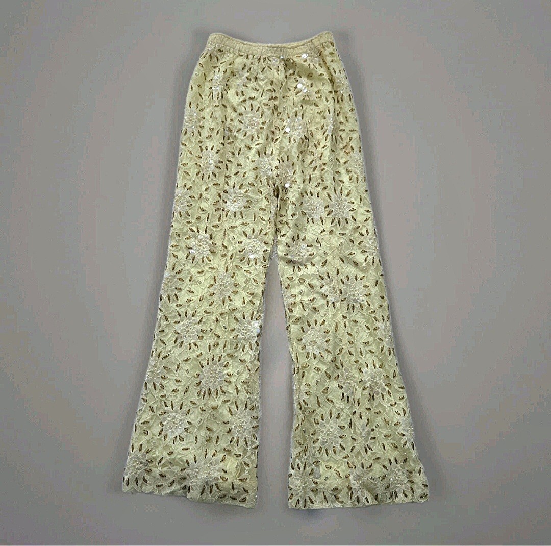 Vtg 60s 70s Beaded Tunic Top & Pants Set, Yellow & Gold, Vacation, S