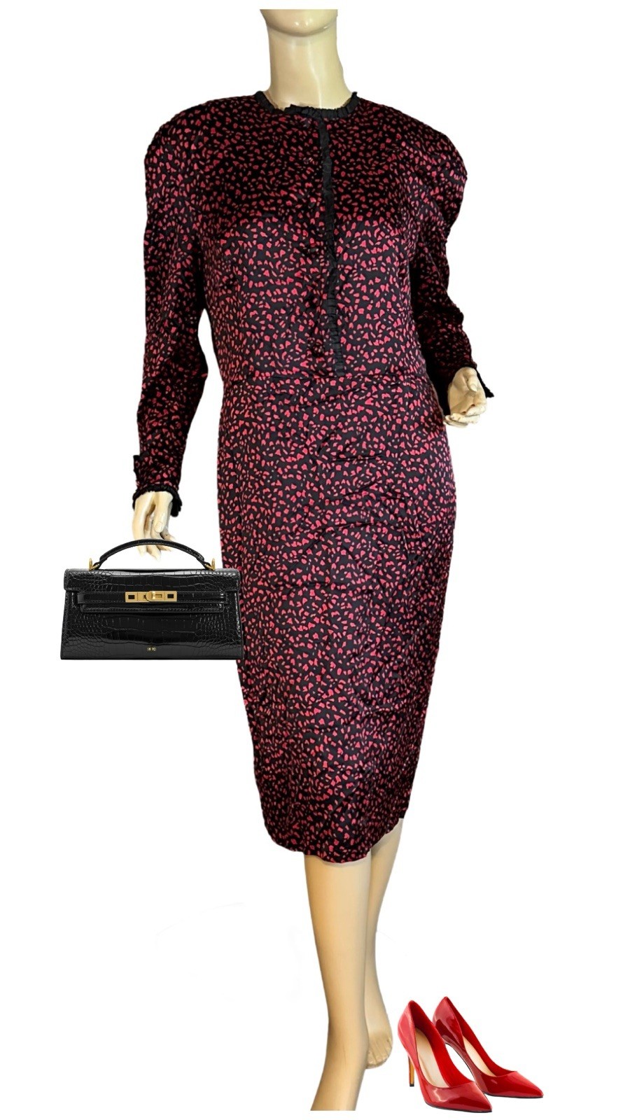 WOMEN&rsquo;S VINTAGE 1980&rsquo;S BLACK & RED PRINT SHEATH MIDI SILK DRESS SIZE EU 40