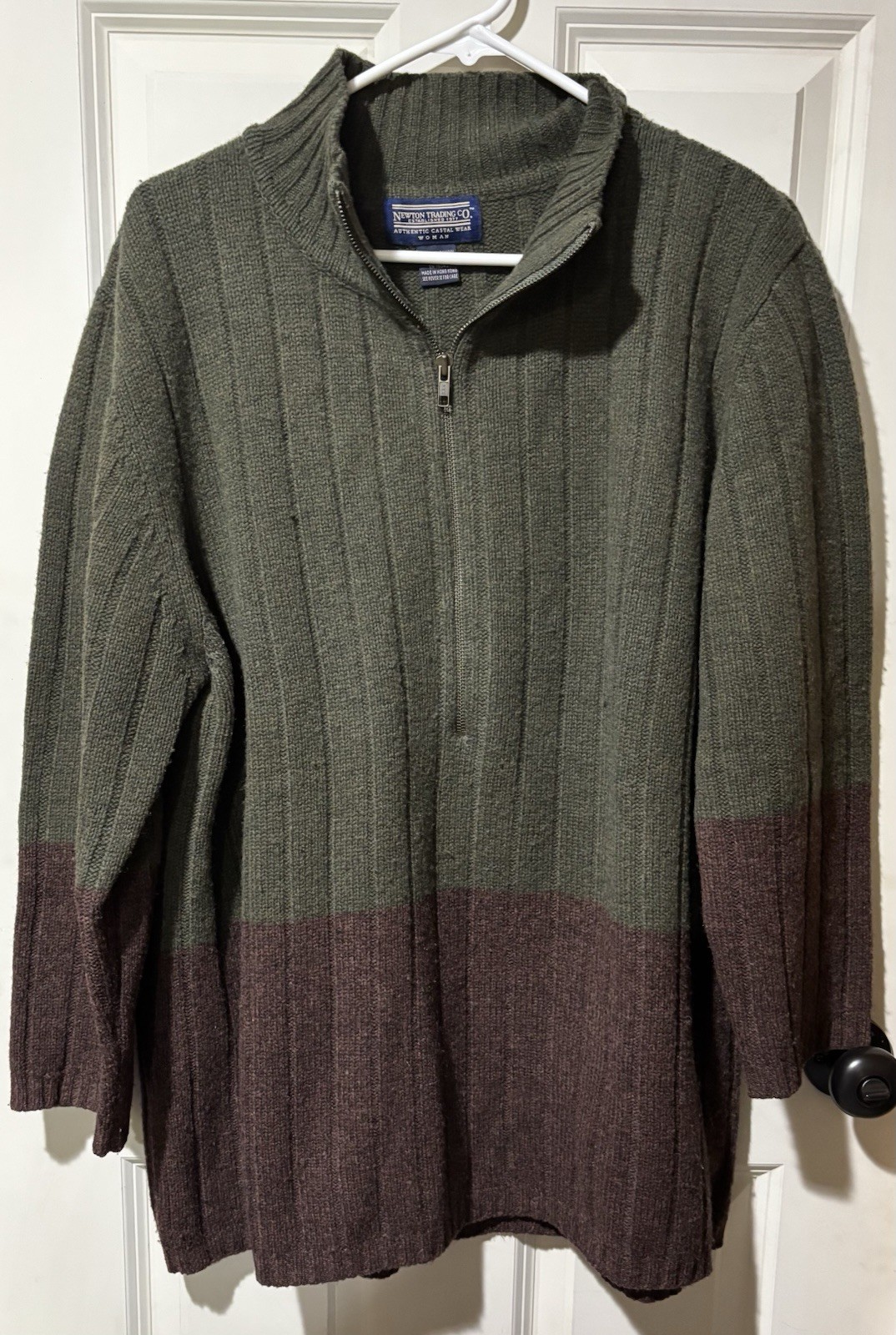 Vintage Women’s Newton Trading Co 2X Green Brown 100% Lambswool Half Zip Long