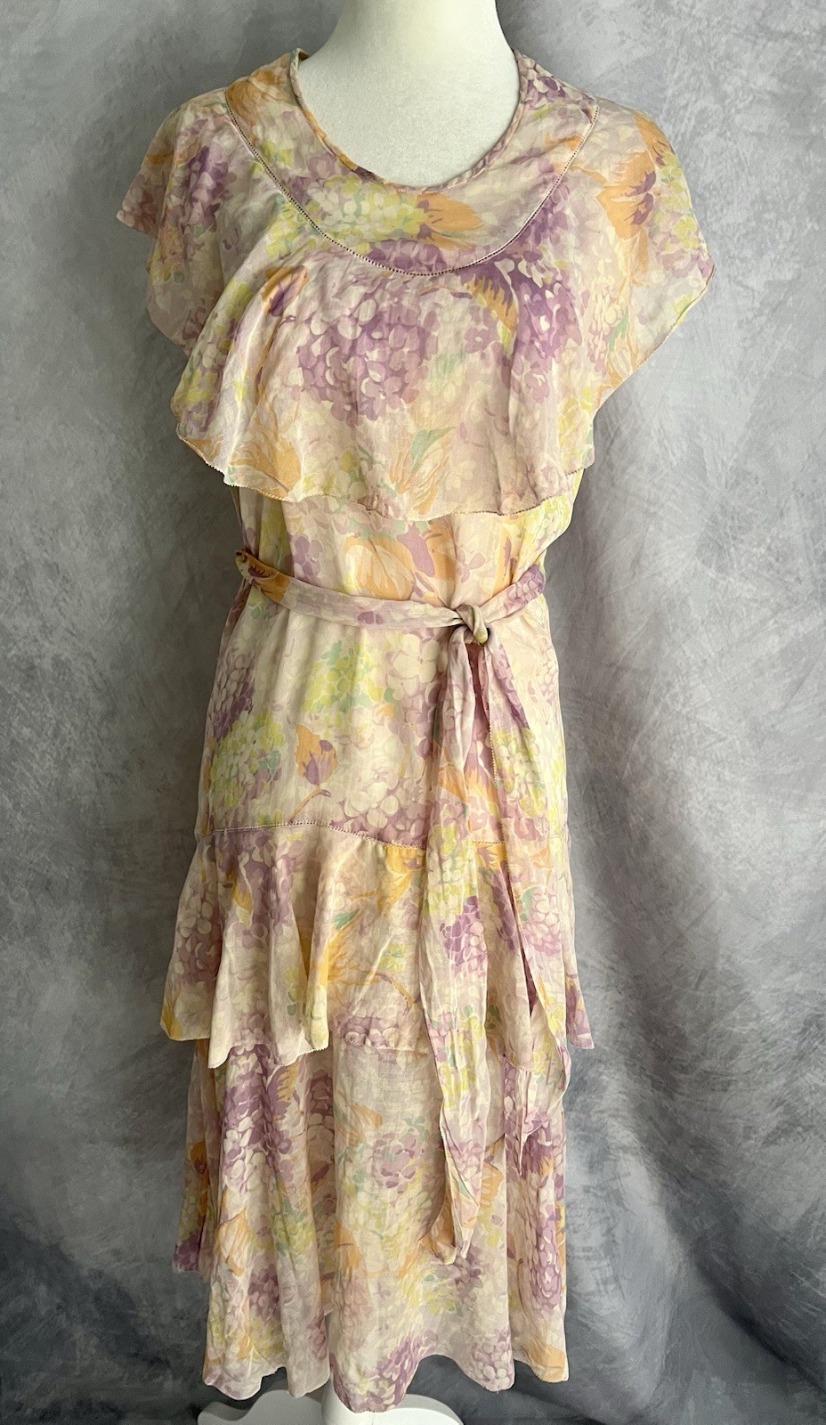 Vintage 1930s Gauzy Cotton Voile Floral Pastel Ruffle Dropwaist Midi Dress Sz M