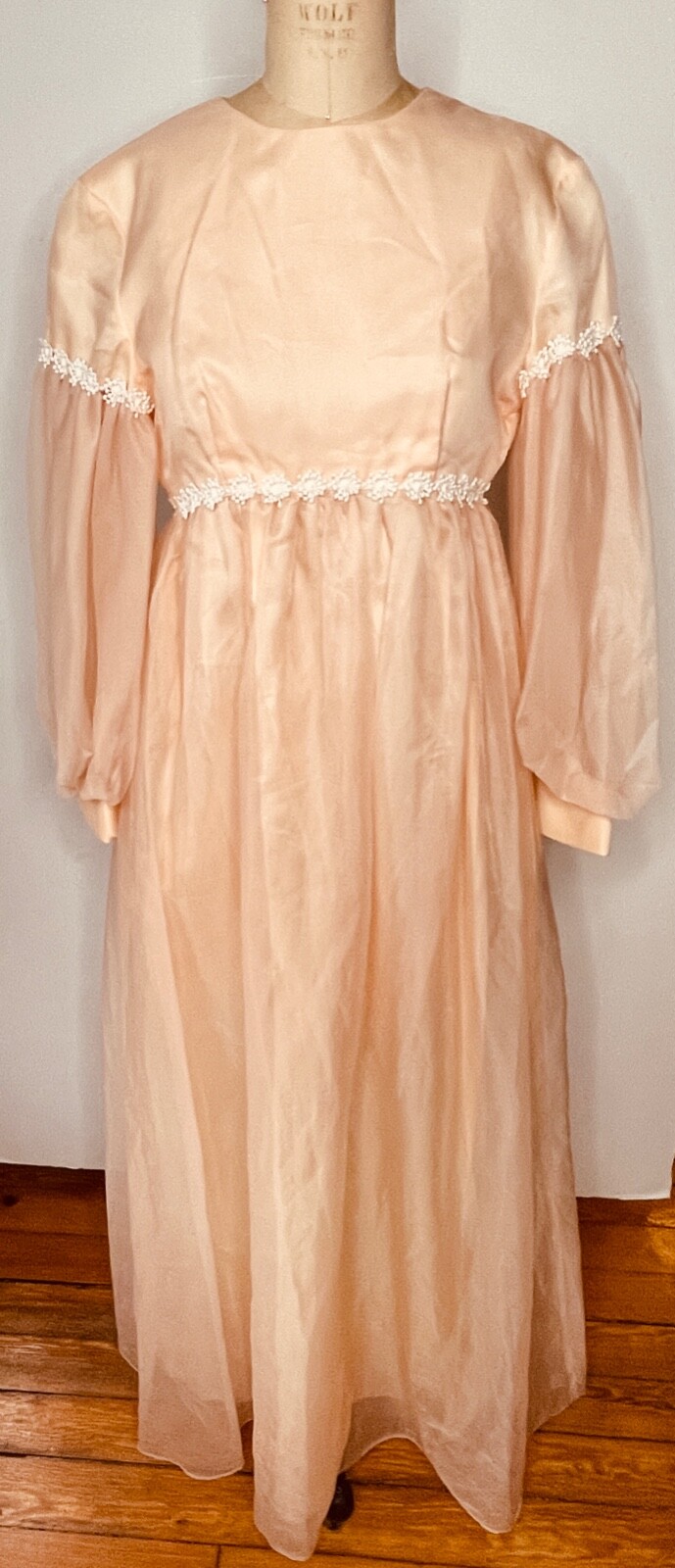 VTG BOHO 70&rsquo;S LORRIE DEB PEACH CHIFFON BISHOP SLEEVE PARTY MAXI DRESS GOWN*S/M