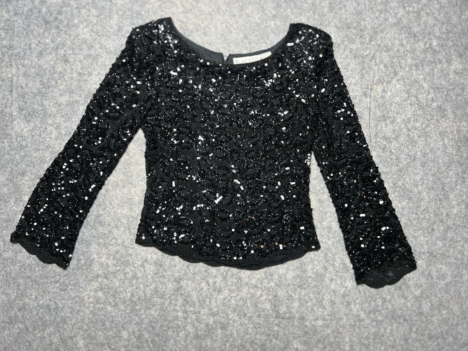 Vtg Black Tie Oleg Cassini Black 100% Silk Beaded Blouse Top Women&rsquo;s Sz 8