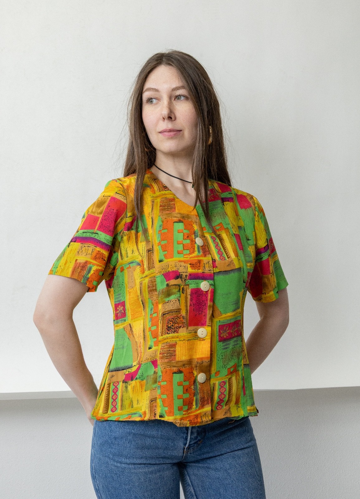 Vintage 90s Abstract Art Print Blouse Green Orange Pink Yellow Maximalist Sz M