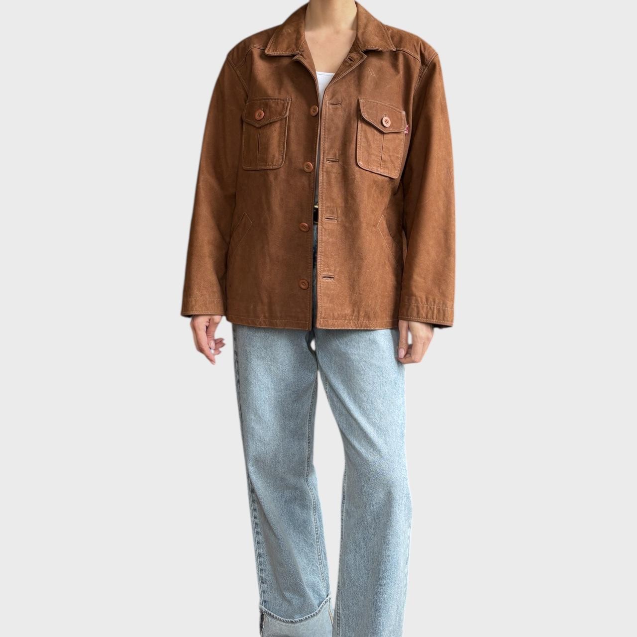 Vintage Brown Leather Jacket Oversized Unisex Button Up size US L/XL