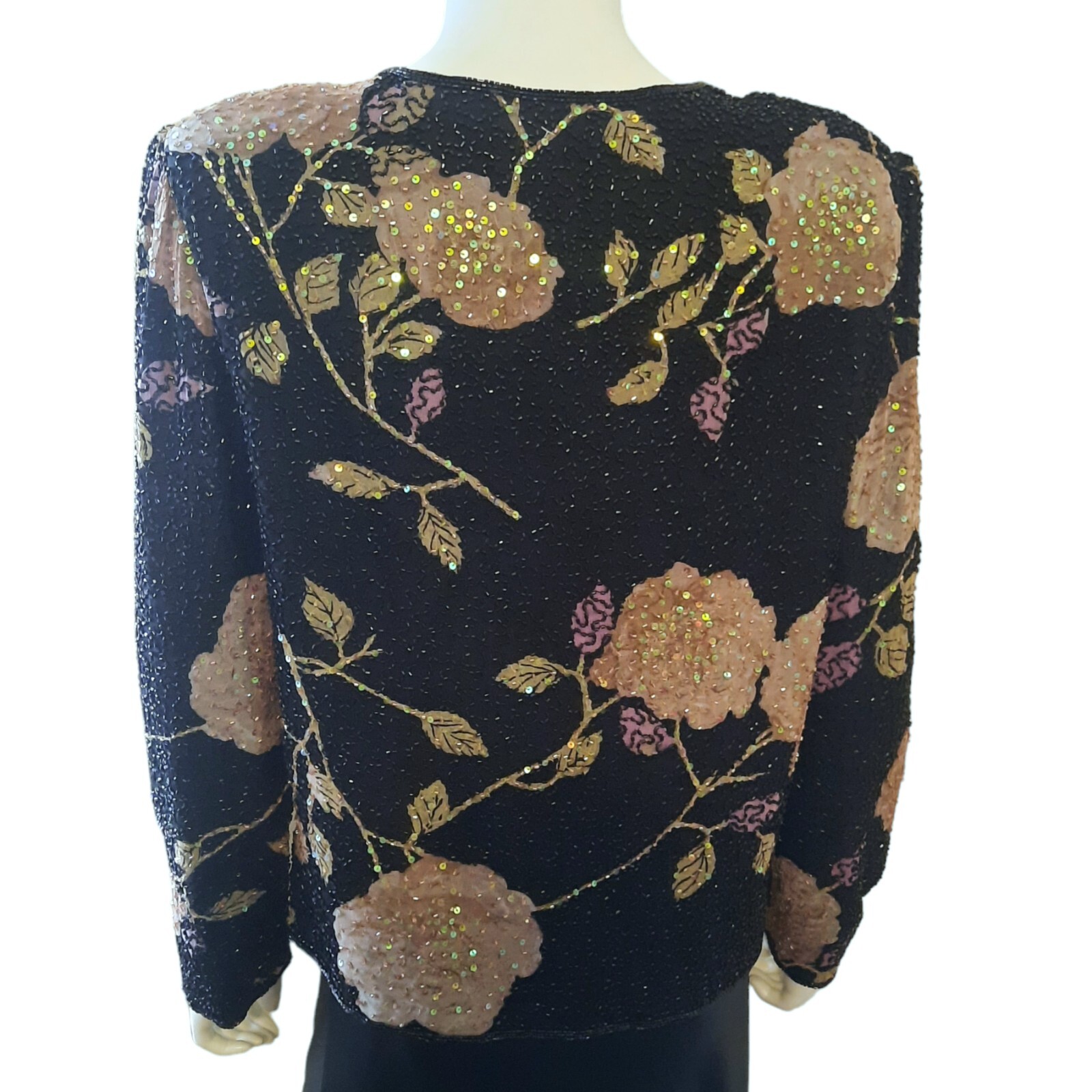 Vtg ANDRETTA DONATELLO Beaded Floral Print Silk Chiffon Jacket Sz M…