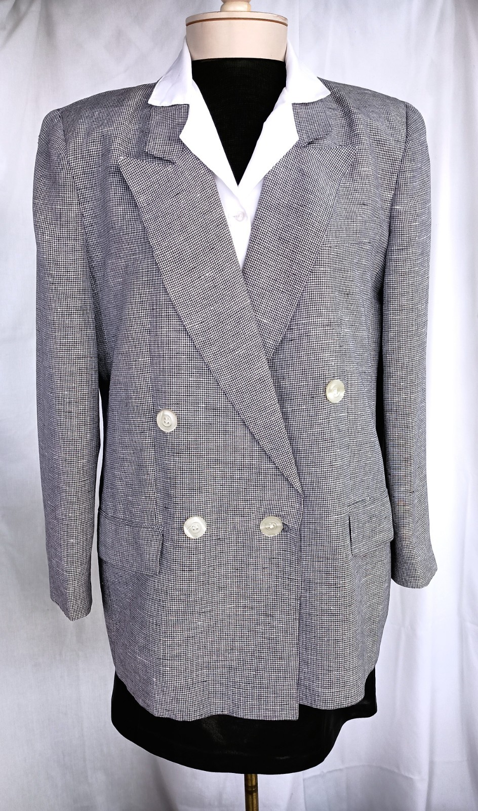 Vintage 80&rsquo;s Giorgio Sant&rsquo;Angelo Linen/Rayon Blazer Blk/Wht Houndstooth Sz 12