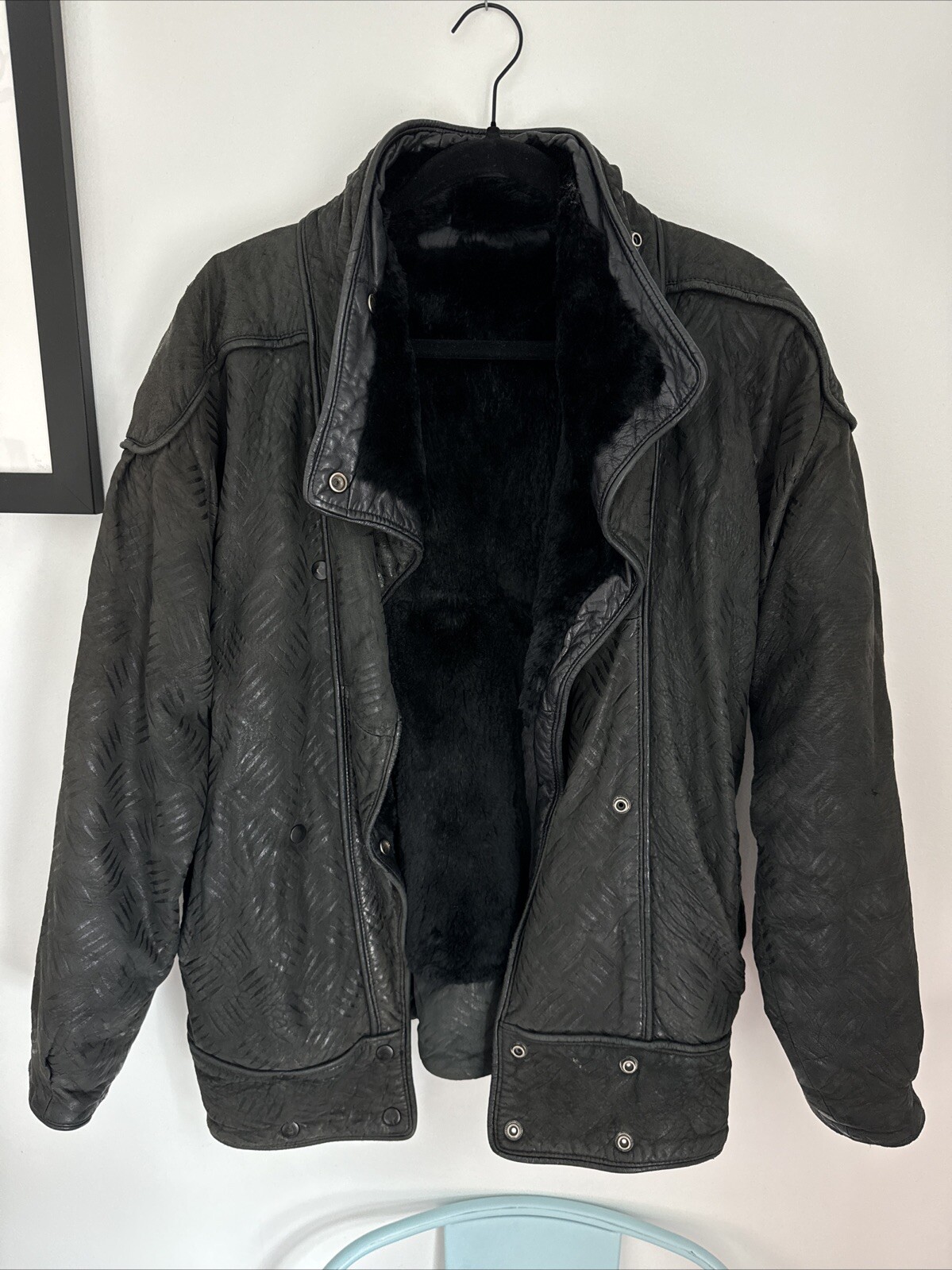 Vintage Leather Jacket 80s No Label Fur Lined size L Oversized Fit Very Warm