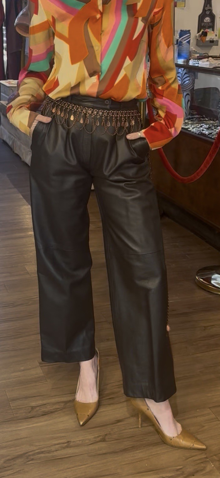 Vntg 1970s YSL Rive Gauche Brown Lambskin Leather Pants, Sz 26 Waist