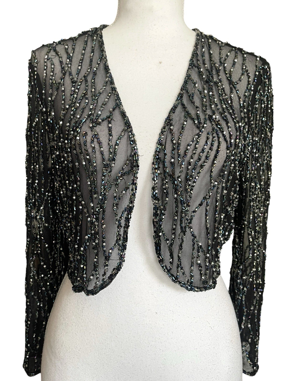 Vintage 90s Sheer Mesh Beaded Bolero Shrug Sz L Old Hollywood Glamour Whimsigoth
