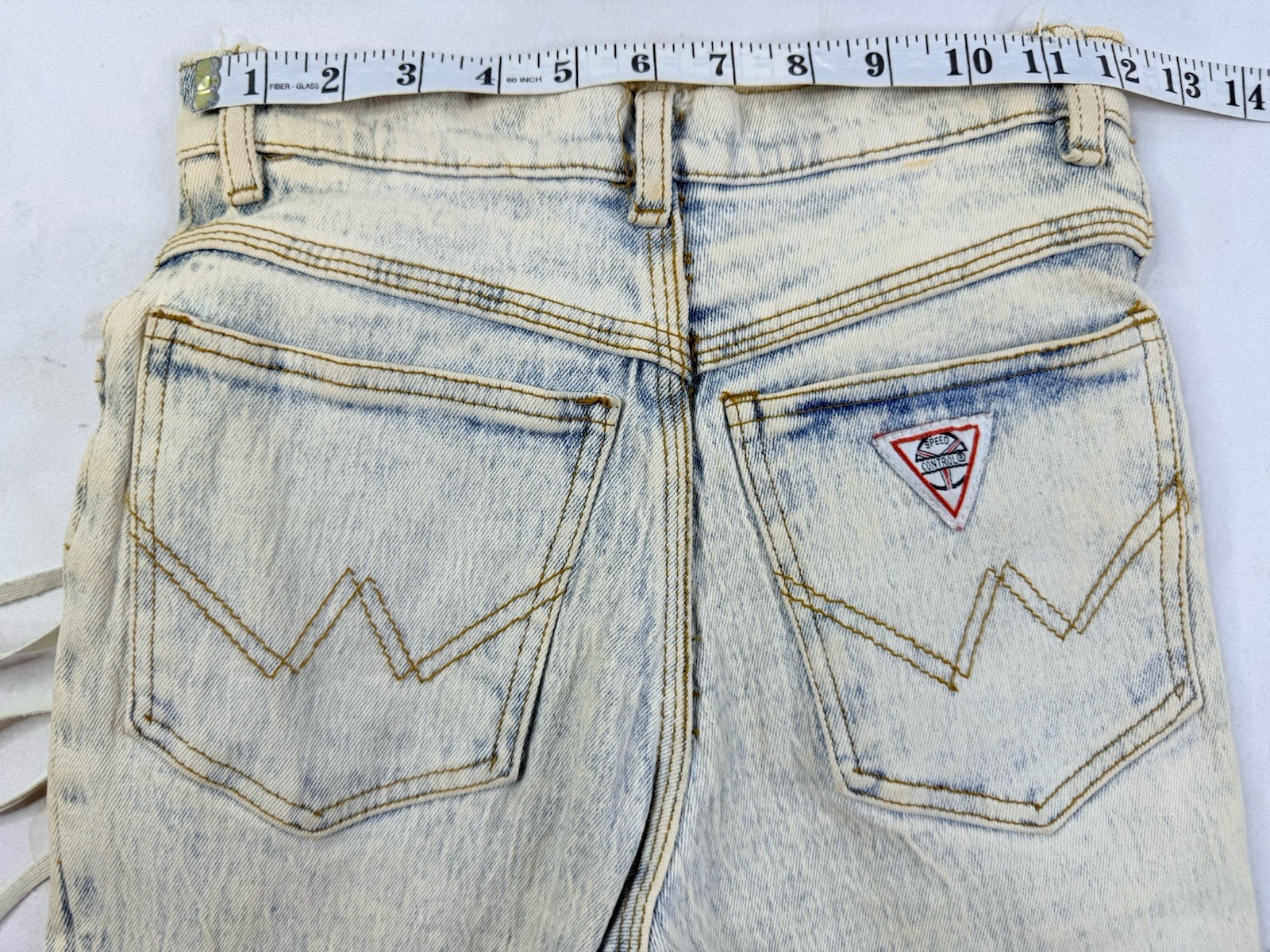 Vintage 90s Acid Stonewashed Jeans Speed Denim Sz 3/4 Frayed Patch Stretch 80s