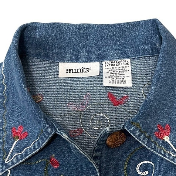 Units Women&rsquo;s Lightweight Denim Jacket VTG 1980&rsquo;s Embroidered Flowers Vines XL