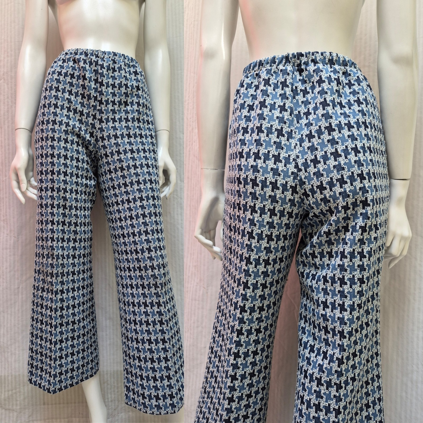 Vintage 60&rsquo;s SEARS Double Knit Blue Houndstooth Bell Bottoms Pants – Size M