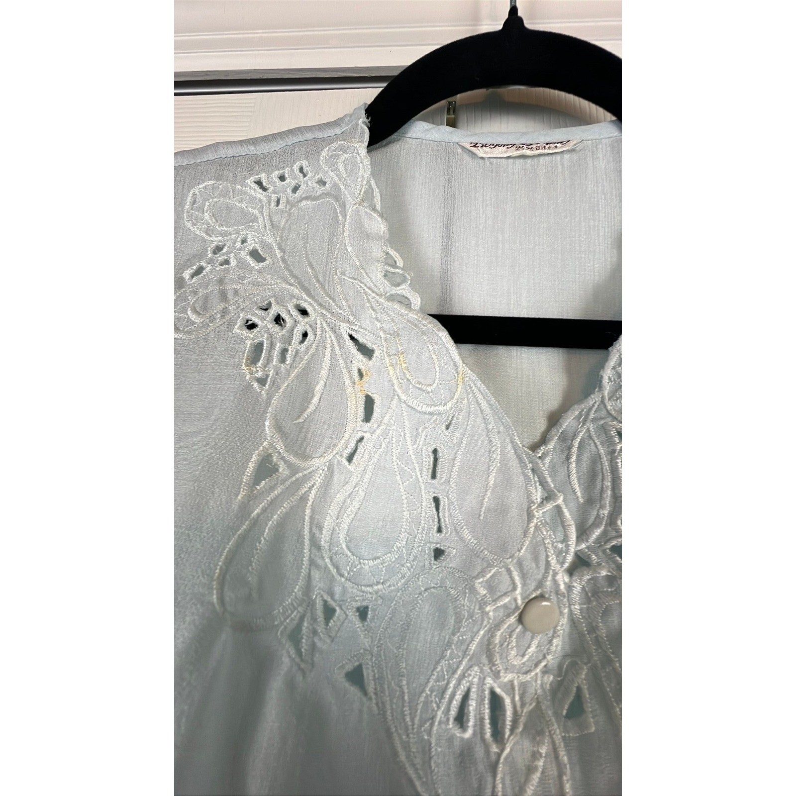Vintage Sheer Lace Collar Blouse Cottagecore Coquette Boho Light Blue Nylon Med