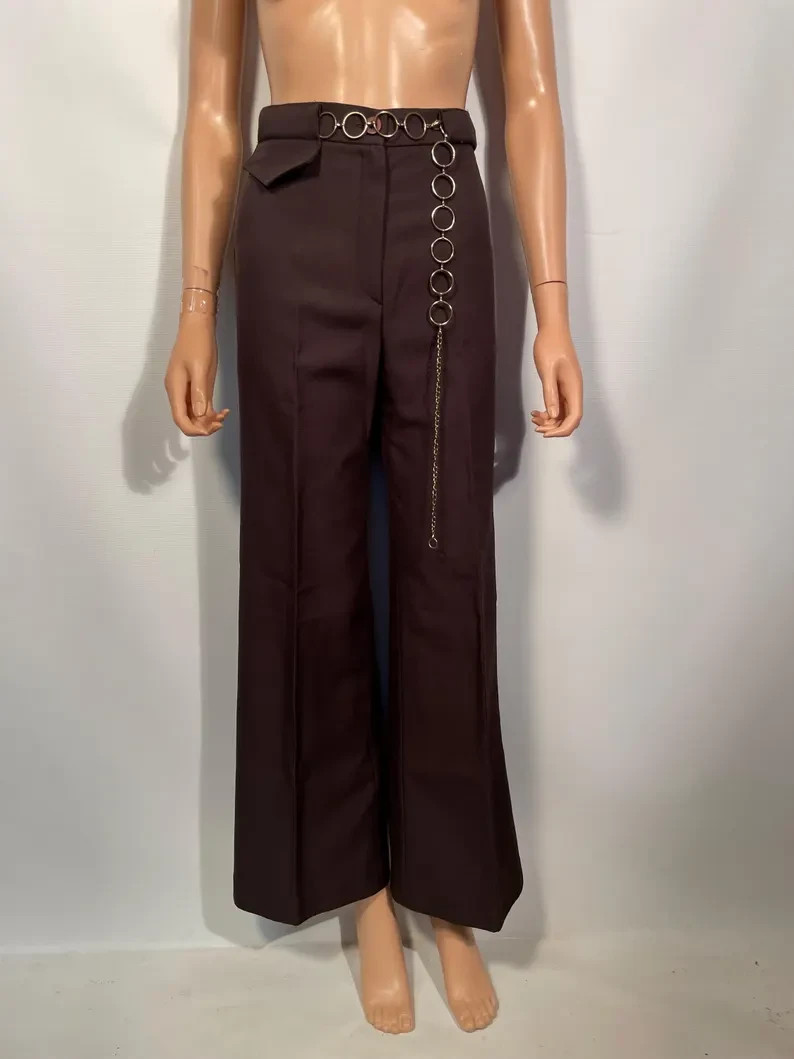 Vintage 1970s Brown Polyester Sears Jr Bazaar Bell Bottoms Wide Leg Pants 26 W