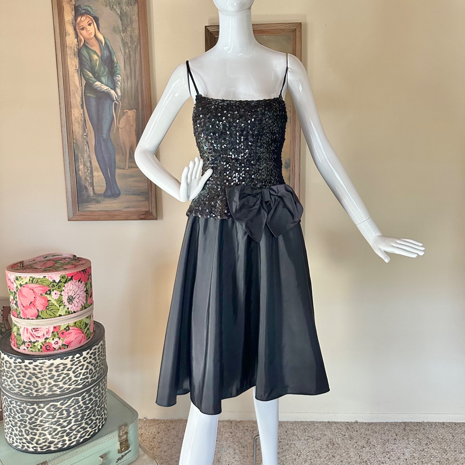Vintage 1980s Goth Black Sequin Taffeta Party Prom Dress Fit Flare 50s Style M/L