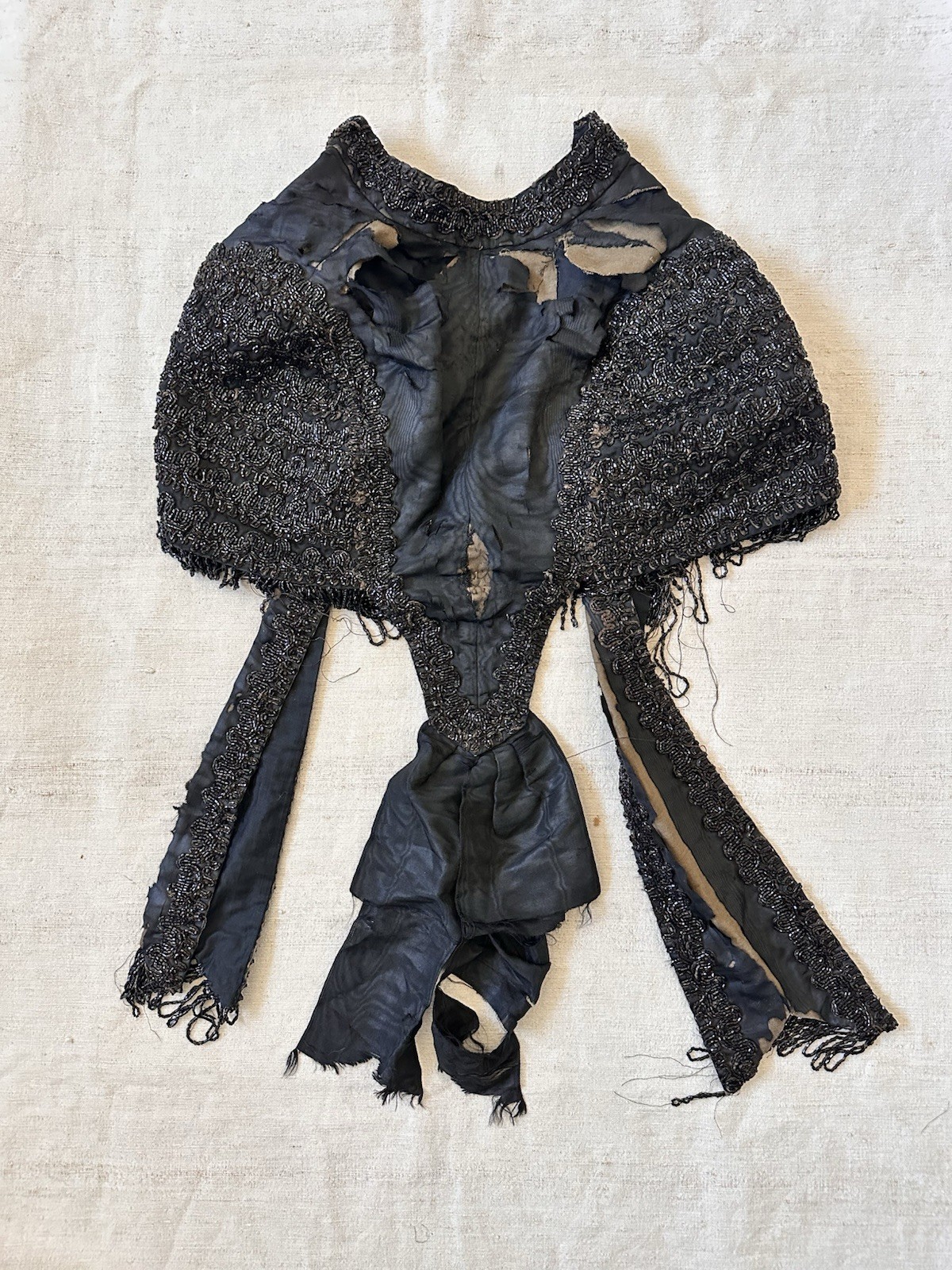 Victorian Antique Mourning Cape Jacket Black Jet Bead Moire Silk As Is