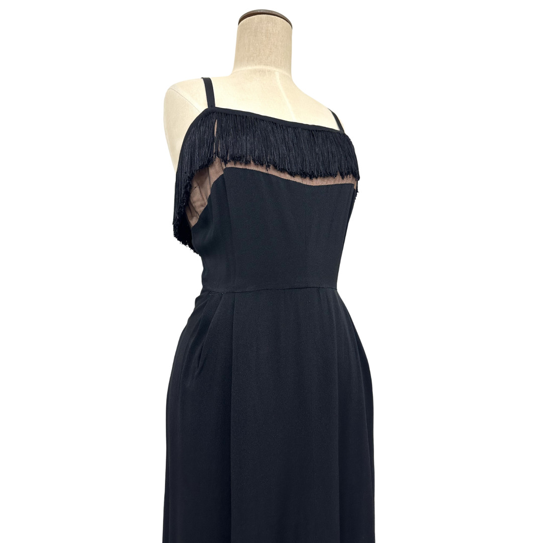 Vintage 1940s Original by Miss America Black Fringe Nude Illusion Wiggle Dress
