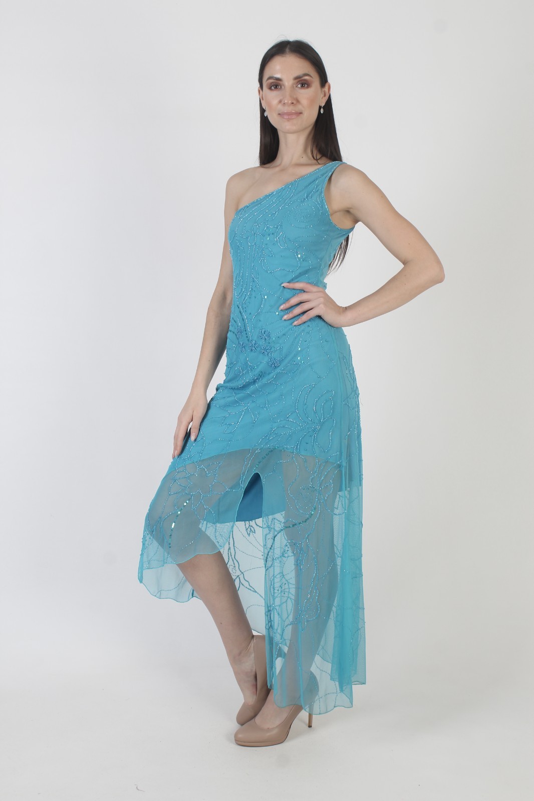 Cache One Shoulder Beaded Dress Vtg Y2K Asymmetrical Hi Low Cocktail Prom Gown S