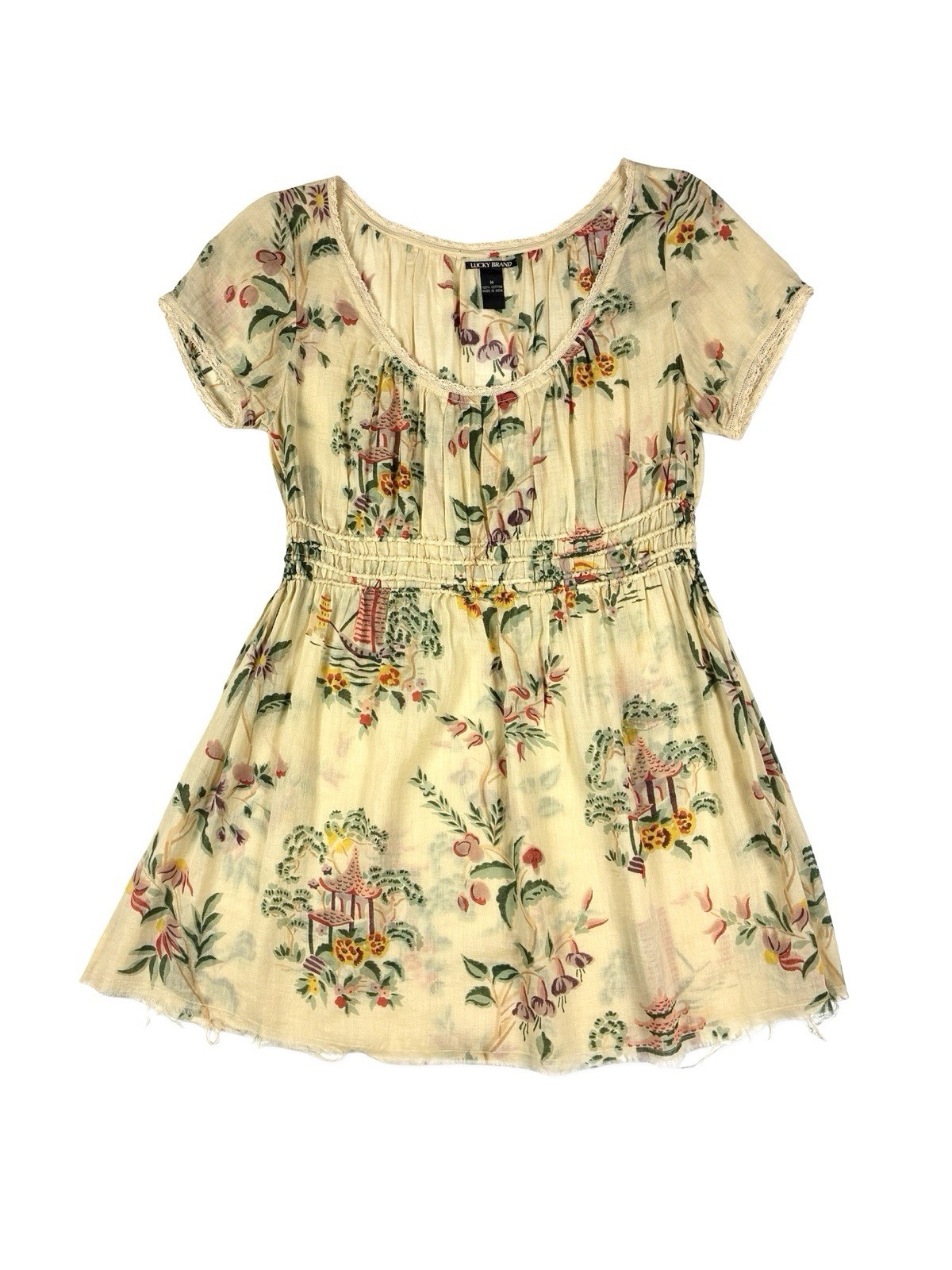 Lucky Brand Women&rsquo;s VTG Y2K Asian Cotton Gauze Tunic Top Babydoll Milkmaid M