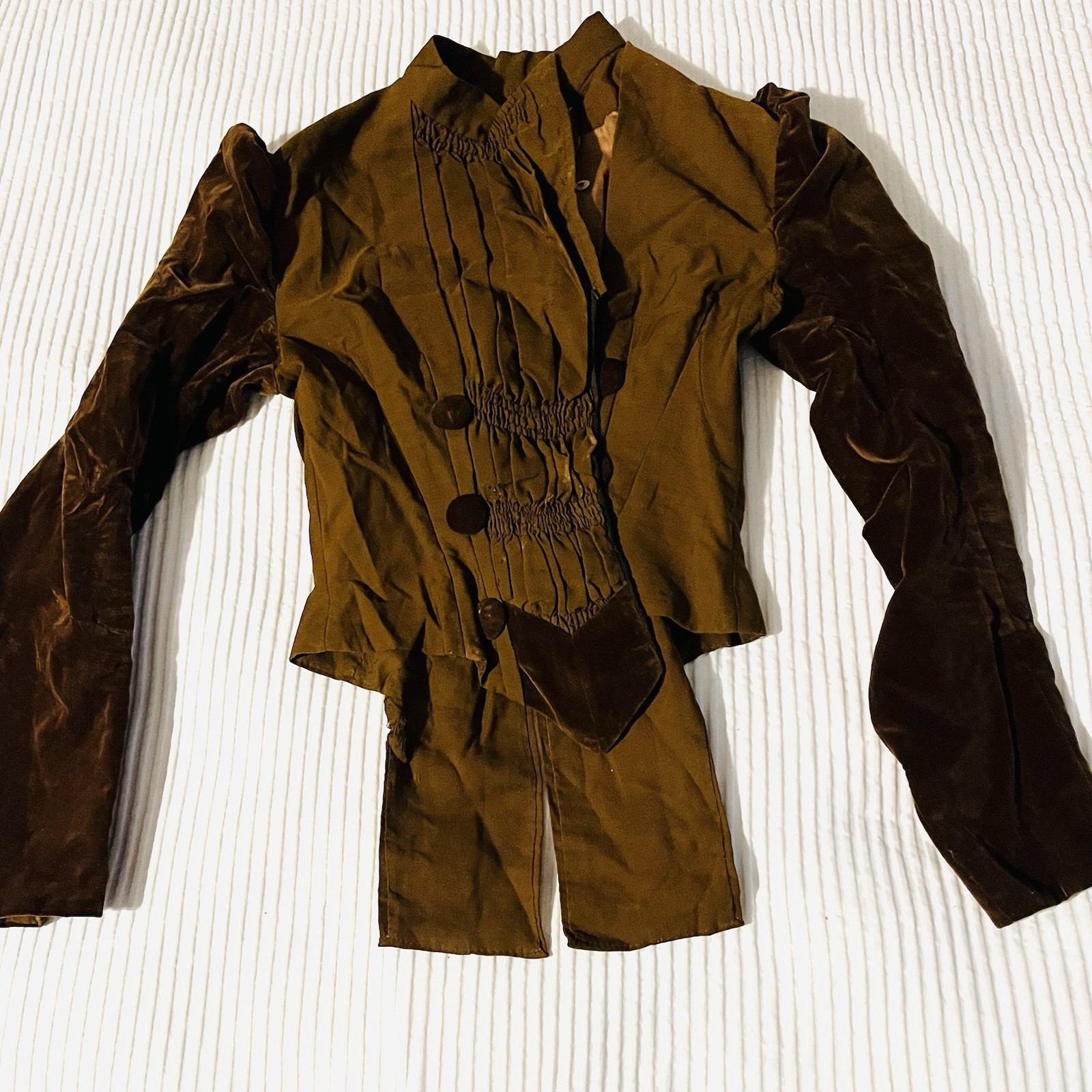 Antique Edwardian Boned Waist Jacket Velvet Trim & Puff Sleeves-Smocked-Coattail