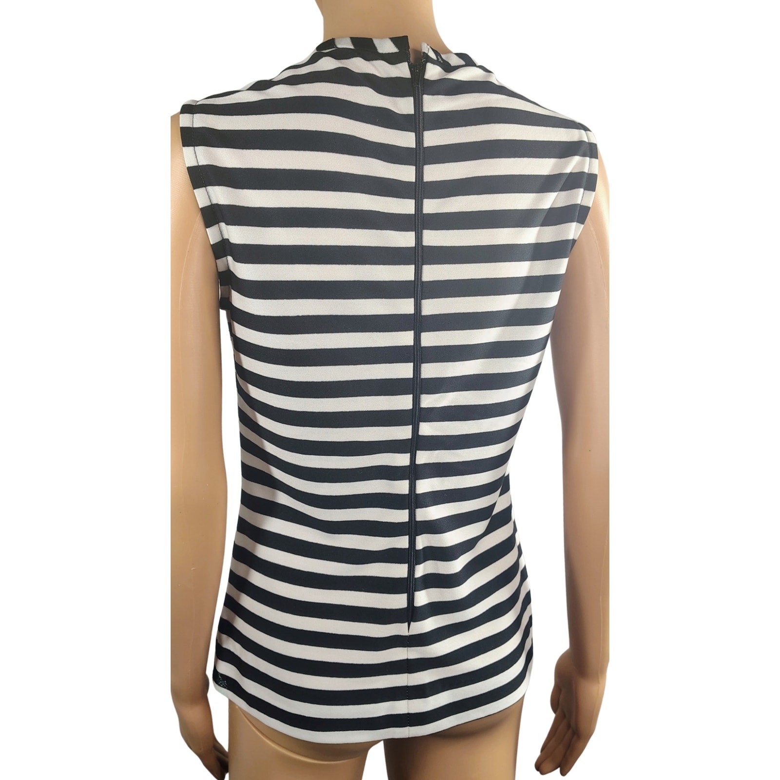 1960s Mod Black White Horizontal Striped Sleeveless High Neck Zip Up Top Size Sm