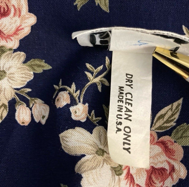 Vintage 1980’s Dark Floral Rose Print Midi Dress, Navy Blue and Pink, Size 12