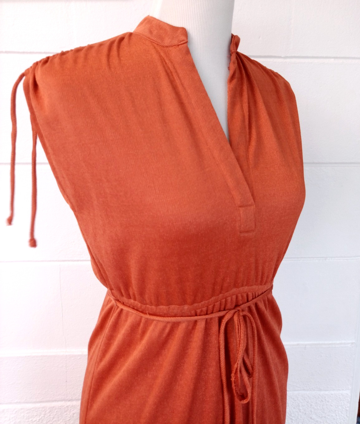 70s VTG Retro Disco Burnt Orange Rust Cinch Waist Dress Groovy Peasant 5 Small